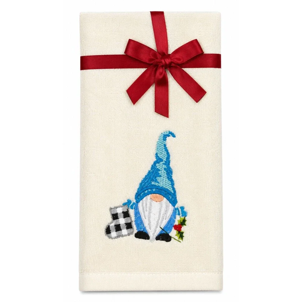 Avanti Christmas Gnome Hand Towels Set of 2 Blue White Buffalo Check Embroidered